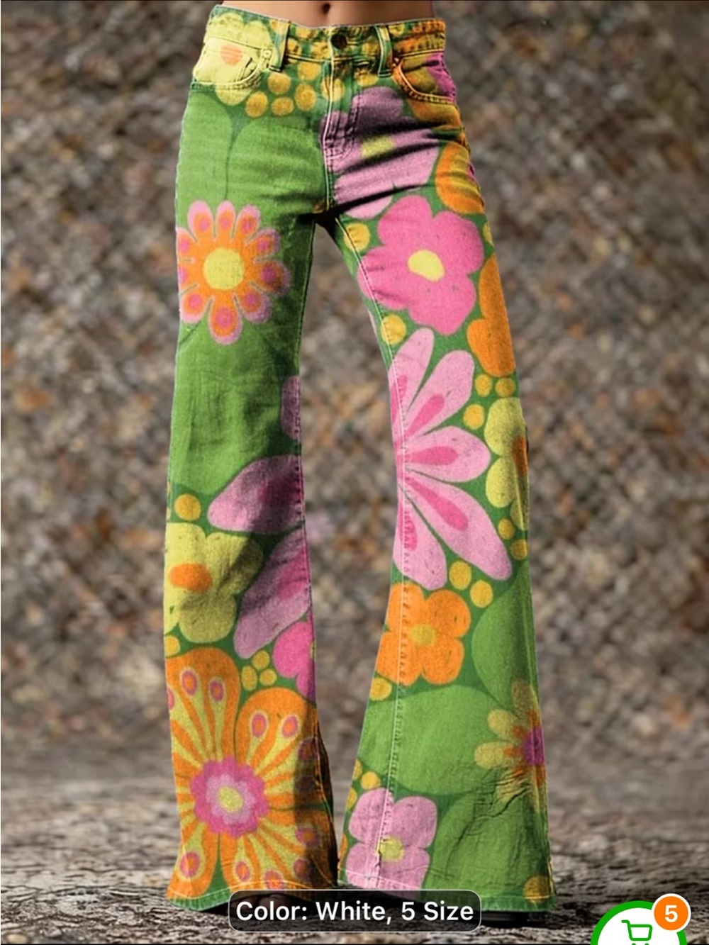 Green Floral Wide-Leg Women’s Jeans - Picture 2 of 4